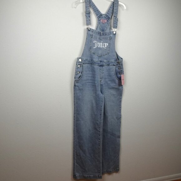 Juicy Couture Overalls Women's Size M Blue Denim Wide Leg Rhinestone Logo - Picture 4 of 10